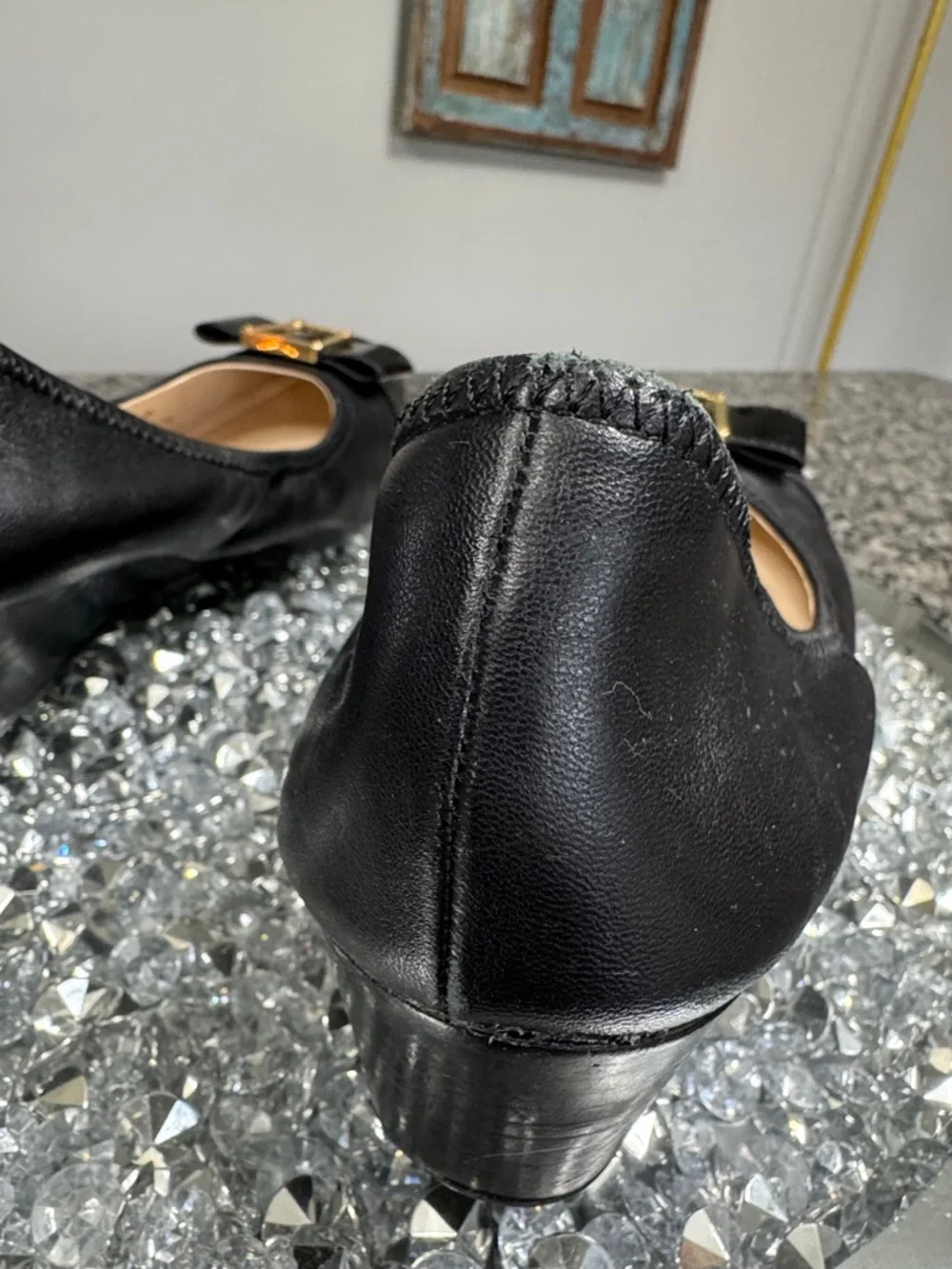 Cole Haan Black leather Wedge ballet Flats with Gold Bow Detail 9